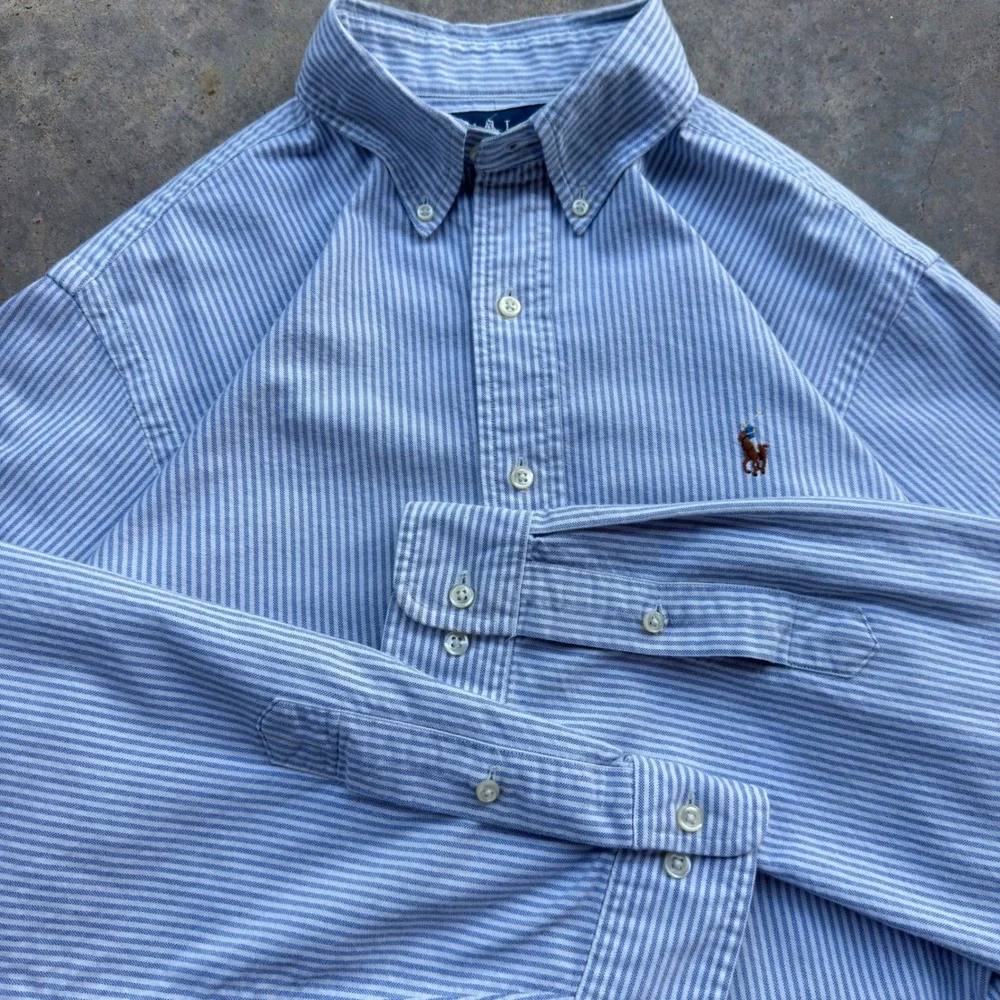 Vintage 90s Polo Ralph Lauren Striped Flesh Pony Button Shirt Blue White XL (k1)